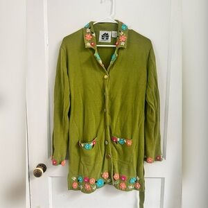 Storybook Knits Green Art To Wear Sweater Embroidered Flowers Size M